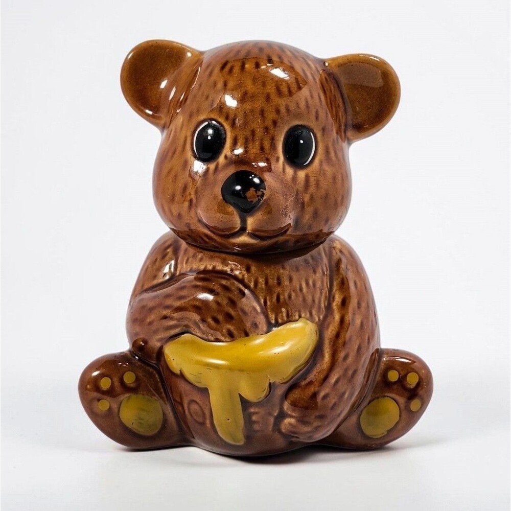 Vintage Ceramic Teddy Bear Honey Pot Brown Bear Jar Cottagecore Kitchen Decor